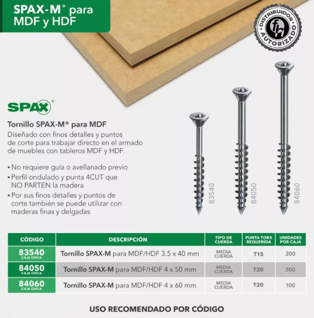 SPAX Tornillos Para Mdf 4.0 X 50mm Caja De 200 Tornillos Media Cuerda