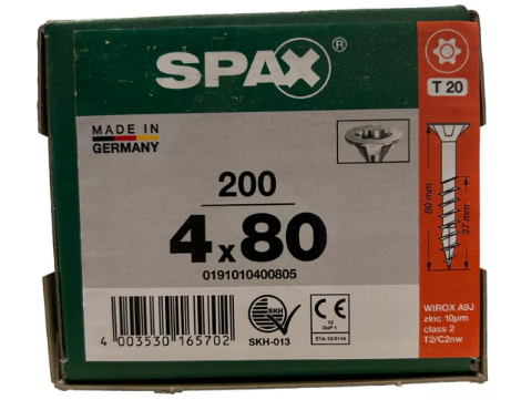 SPAX Tornillo Madera 4 X 80 Caja 200 Piez Media Cuerda T20